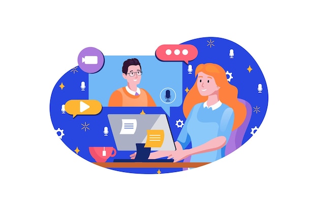 Video conference blue concept with people scene in the flat cartoon design