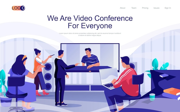 Video conference concept isometric landing page People communicate by video call with colleague