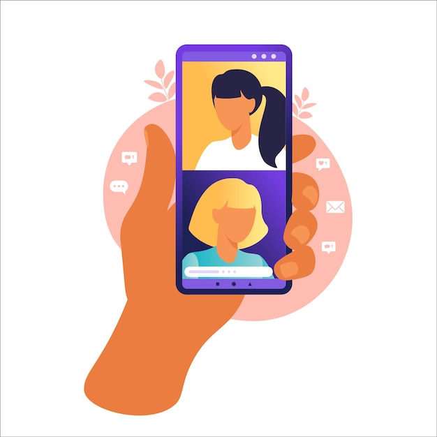 Video conference. Concept online broadcasting, webinar, online training, tutorial. Person hand holding smartphone. Vector illustration in flat style.