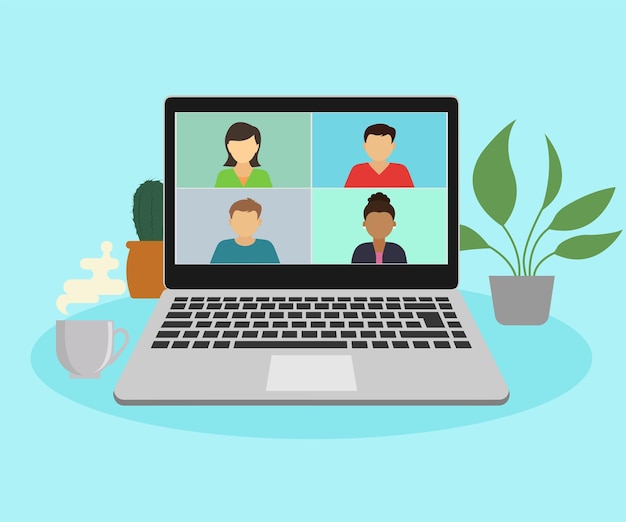 Video conference. The concept of remote work. A flat-screen laptop with a group of colleagues