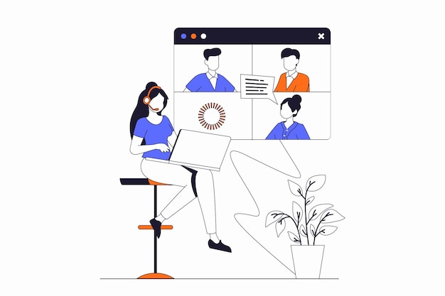 Video conference concept with people scene in flat outline design