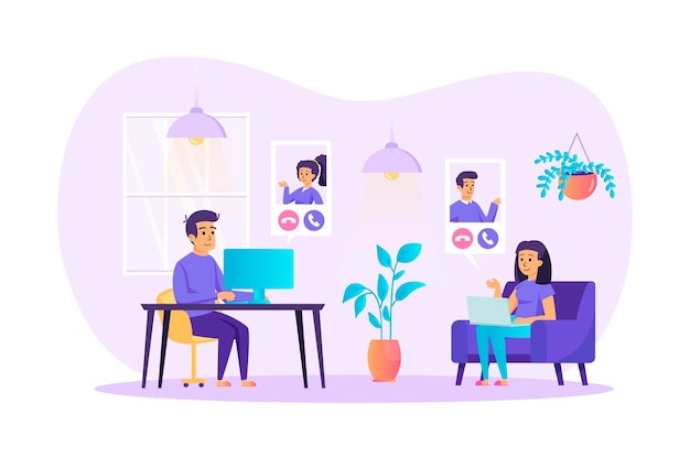 Video conference flat design concept with people characters scene