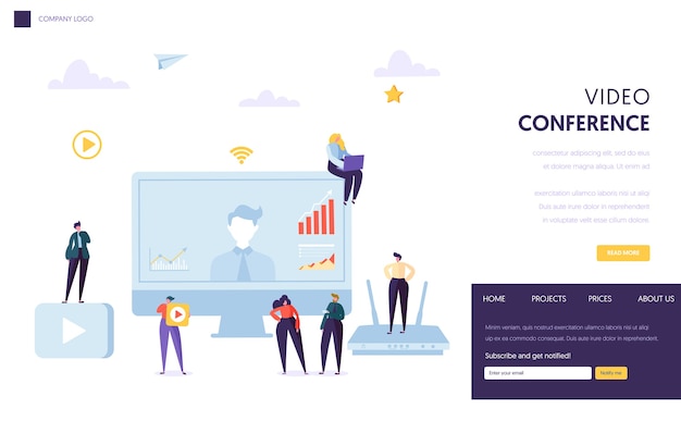 Video conference landing page template. Business People characters communication webinar, online education for website or web page. 