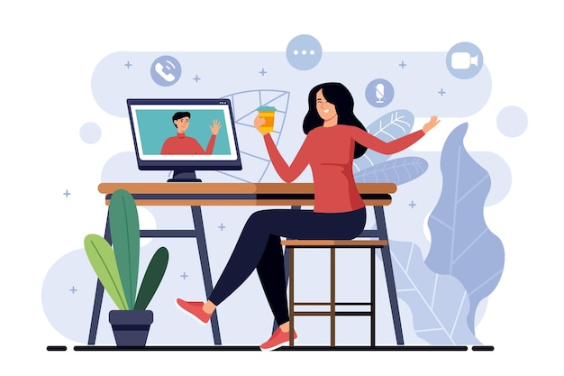 Video conference minimalistic concept with people scene in the flat cartoon style