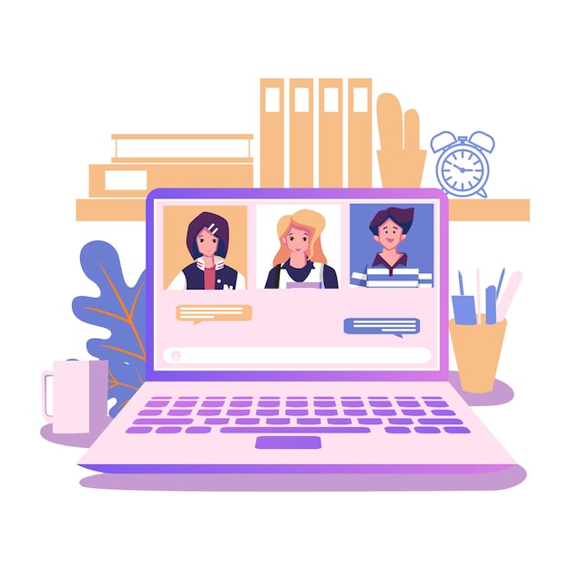 Video conference remote working flat illustration screen laptop with group of colleagues people