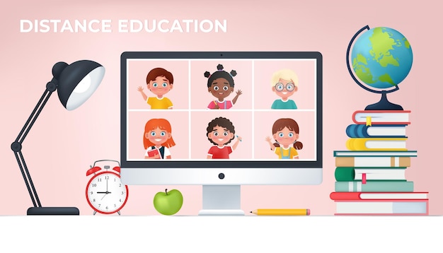 Video conference with school children Online education concept Cartoon Vector illustration