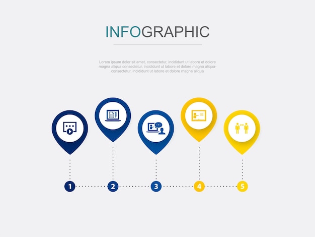 Video course Distance exam Online coaching distance teacher communication icons Infographic design layout design template Creative presentation concept with 5 steps