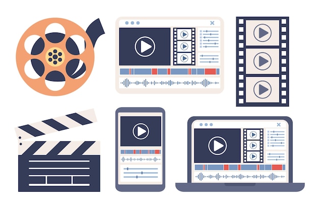 Video editing icon set. Edit media content, video production concept. Motion designer, video maker.