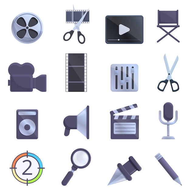 Video editing icons set, cartoon style