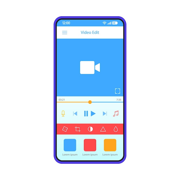 Video editing smartphone app interface vector template. Mobile camera application interface blue design layout. Video editor, maker software screen. Flat UI. Phone display with media player