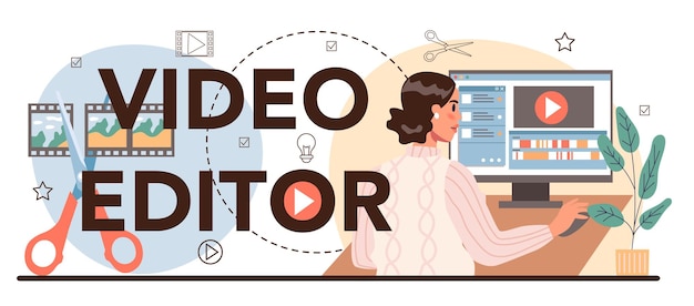 Video editor typographic header Video production filming and editing Cameraman or motion designer Making visual content for media with special equipment Flat vector illustration