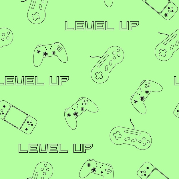 Video games green seamless pattern Console and level up text