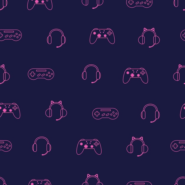 Video games pink retro seamless pattern Console and headset outline