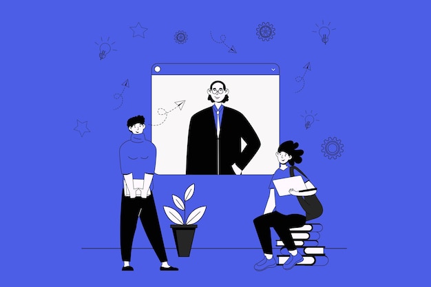 Video lesson web concept with character scene in flat design People learning online and listening teacher at webinar at educational platform Vector illustration for social media marketing material