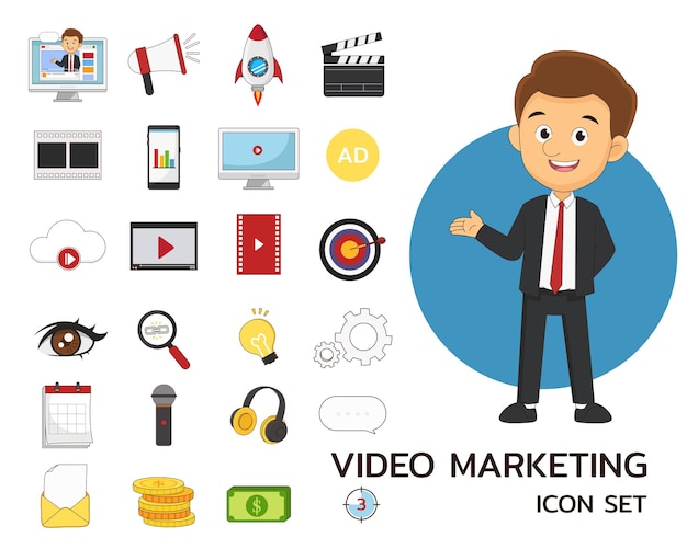 Video marketing concept flat icons