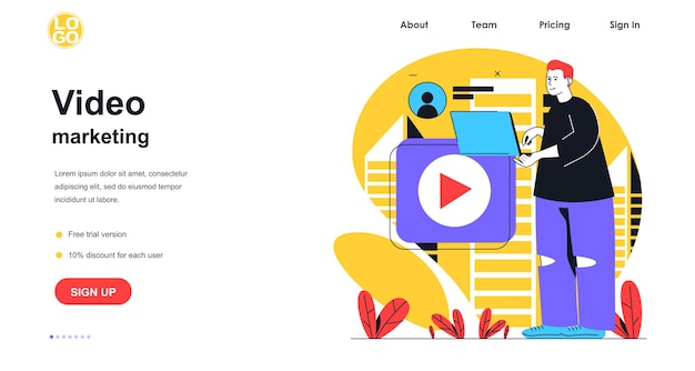 Video marketing web banner concept. Man creates video content using laptop, develops channel, online marketing strategy landing page template. Vector illustration with people scene in flat design