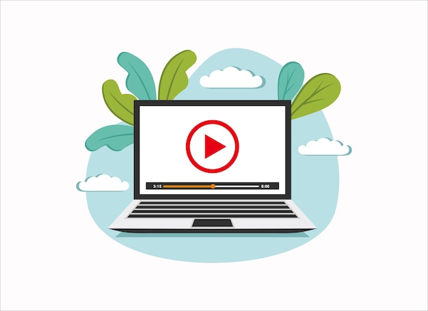 Video media player icon on laptop computer concept flat vector illustration