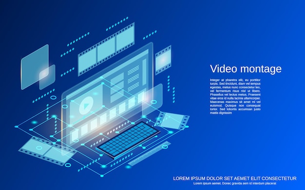 Video montage flat 3d isometric vector concept illustration