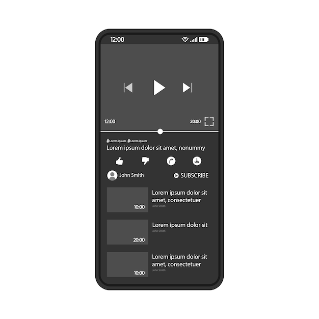 Video sharing app interface vector template Mobile application page black design layout Multimedia plary screen Flat UI for video content hosting watching streaming Phone display