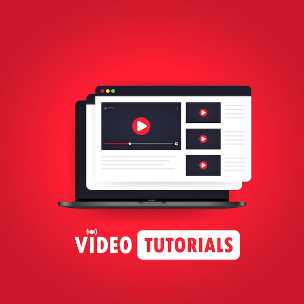 Video tutorials illustration. Watching streaming video, webinar, training online on laptop. Vector on isolated background. EPS 10.