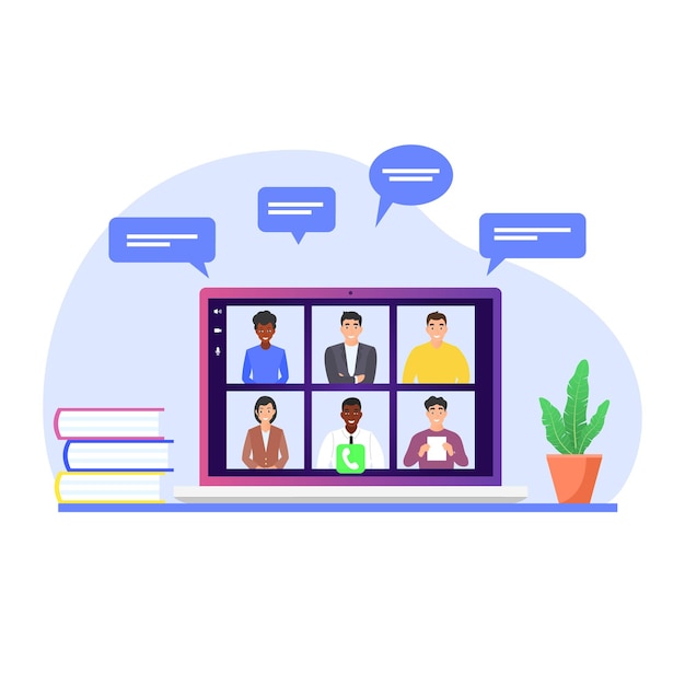 Vector videoconference of colleagues on the laptop screen. remote work, communication via the internet, video chat. flat vector cartoon illustration.