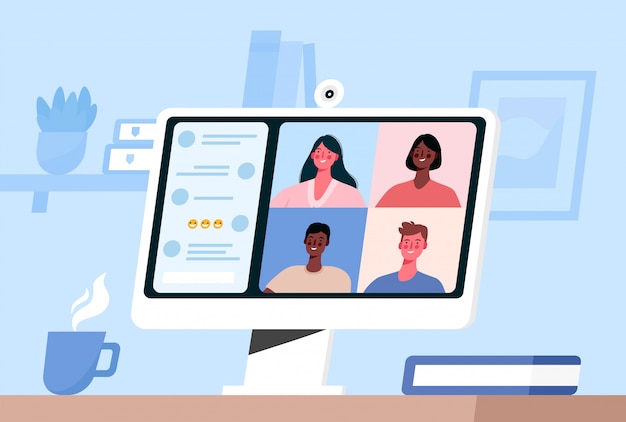 Videoconference with colleagues. Corporate video call, distant discussion, web chatting, online meeting. Remote work. Work from home. Concept of teamwork during quarantine. Flat  illustration