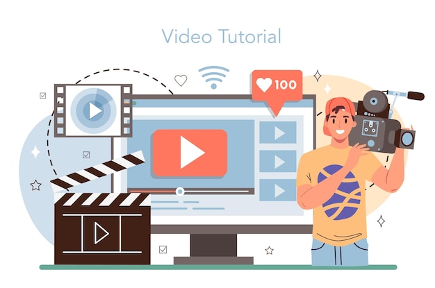 Videographer online service or platform Video production filming and editing Cameraman or motion designer Video tutorial Flat vector illustration