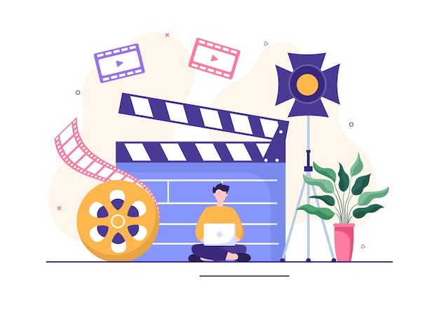 Videographer Services Template Hand Drawn Cartoon Illustration with Record Video Production Movie