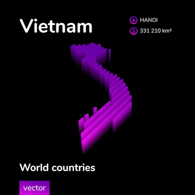 Vietnam 3D map Stylized striped isometric neon vector Map of Vietnam is in violet colors on black background