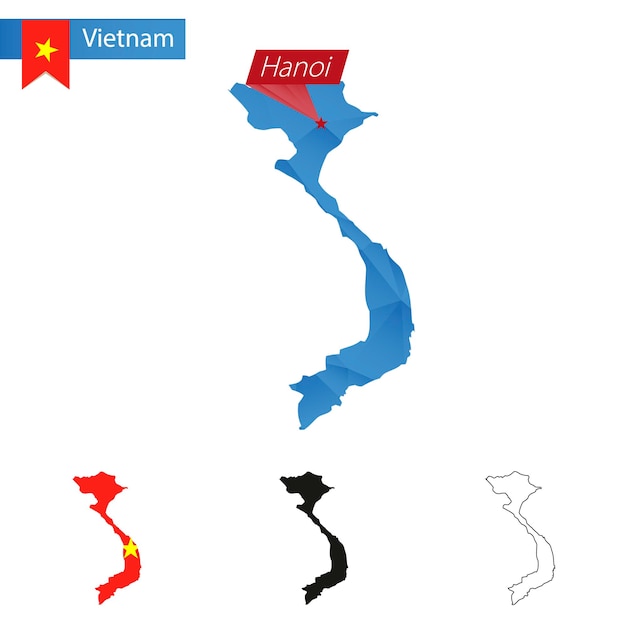 Vietnam blue Low Poly map with capital Hanoi