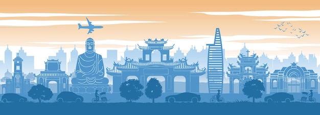 Vietnam famous landmark at back of cars and street in scenery style silhouette design vector illustration