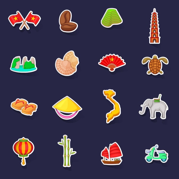 Vietnam travel icons set vector sticker