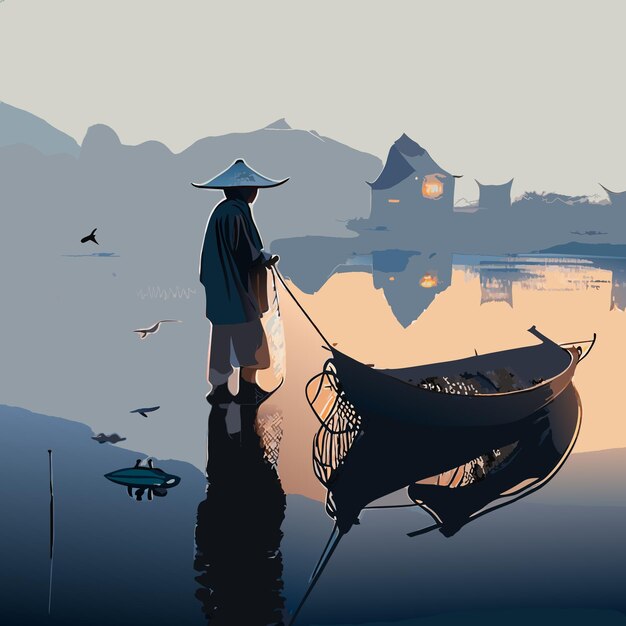 Vietnamese fisherman with net wetlands foggy morning sunrise smooth intricate high definition