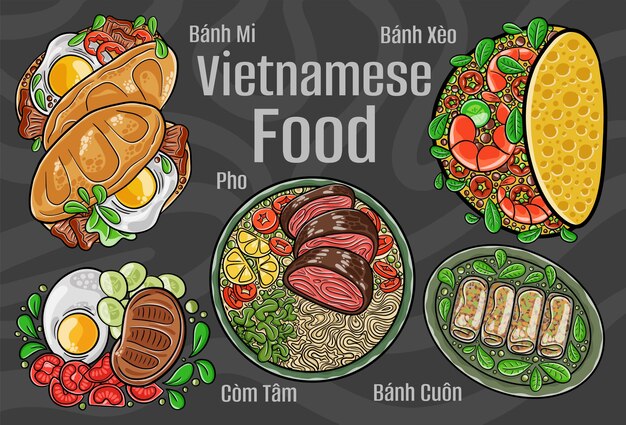 Vietnamese food A set of classic dishes Cartoon hand drawn illustration