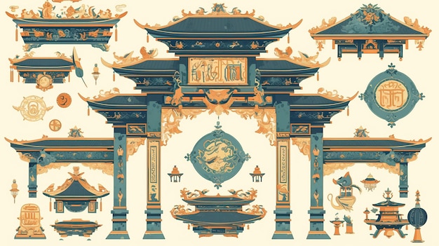 Vector vietnamese temple of literature patterns with scholarly designs