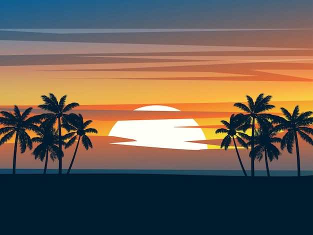 View of beach at sunset with red sky and palm trees in silhouette