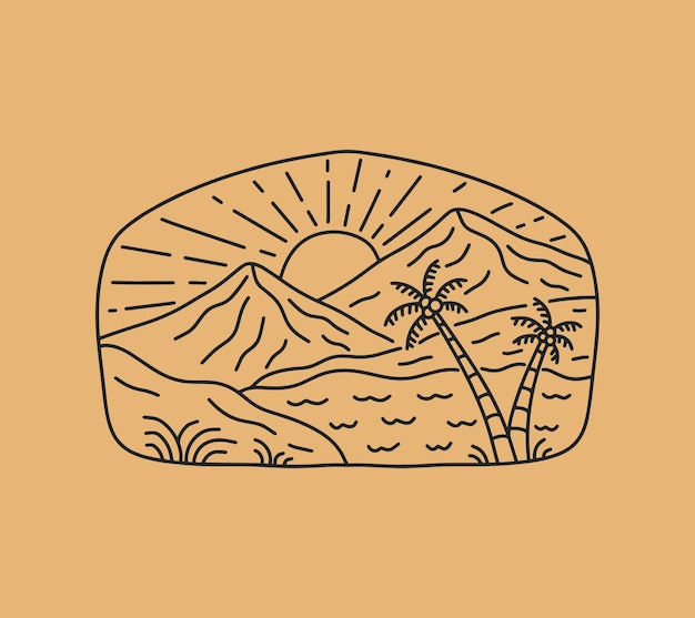 View on the beach with the coconut trees and the mountain in frame mono line art