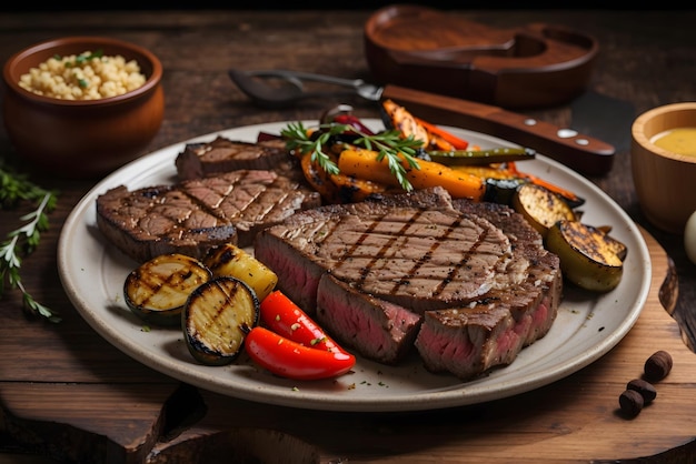 Vector view from above of a delicious grilled porterhouse steak with assorted roast vegetables