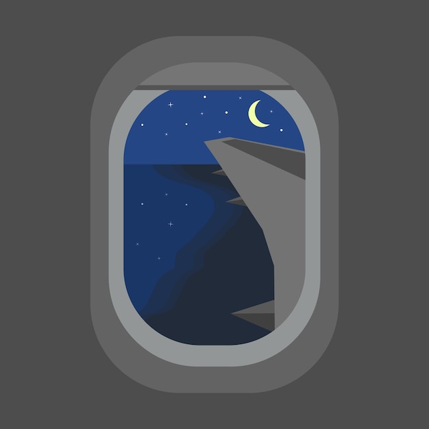 View from the porthole of the plane to the night shore and the moon. Road home from vacation. Flat style. Vector image.