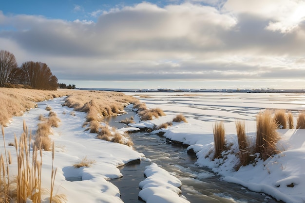 Vector a view from the snowcovered sandy baltic sea shore at sunset riga bay latvia dramatic blue sky