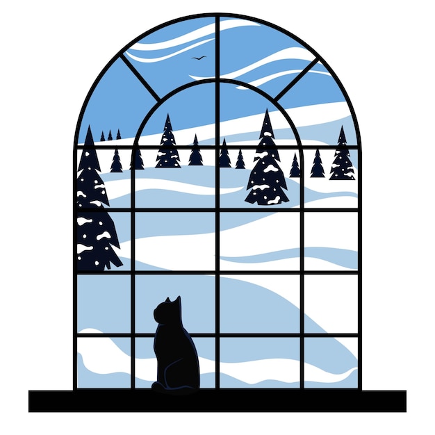 View from a window of a winter landscape with a cat on a windowsill cartoon vector illustration