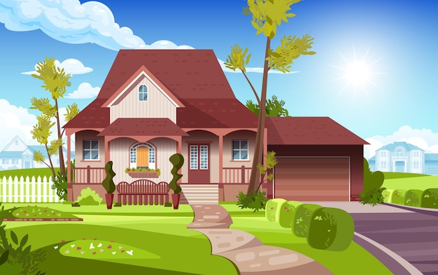 View of the front yard of the suburban country house flat illustration