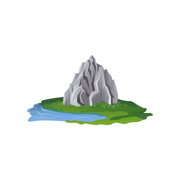 View on gray rocky mountain with green meadow and small lake Natural landscape Climbing or outdoor adventure theme Flat vector