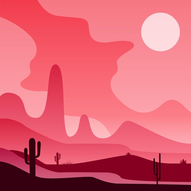 View on Mexican or American desert with silhouettes of cactus plants. Colorful western landscape. Vector illustration in pink and purple gradient colors. Graphic design for postcard, banner or print.