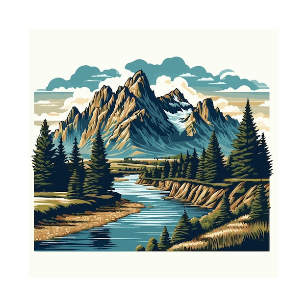 View Mount with River Vector Illustration