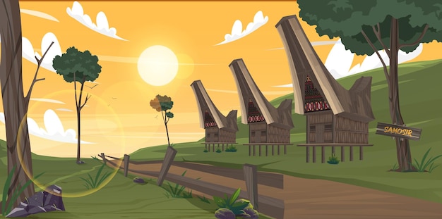 Vector view of samosir village with traditional houses hills and sunset