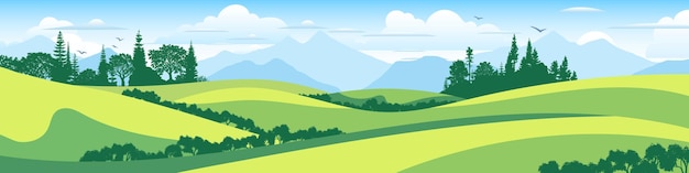 Vector view of spring landscape green meadows and hills