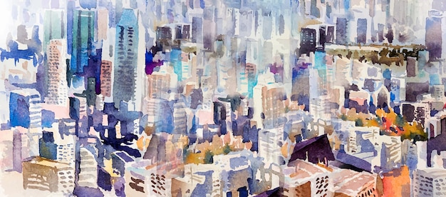 View of the town landmark business concept for real estate. Watercolor painting landscape semi abstract colorful of city with skyscraper and tall building background. Hand drawn illustration top view.