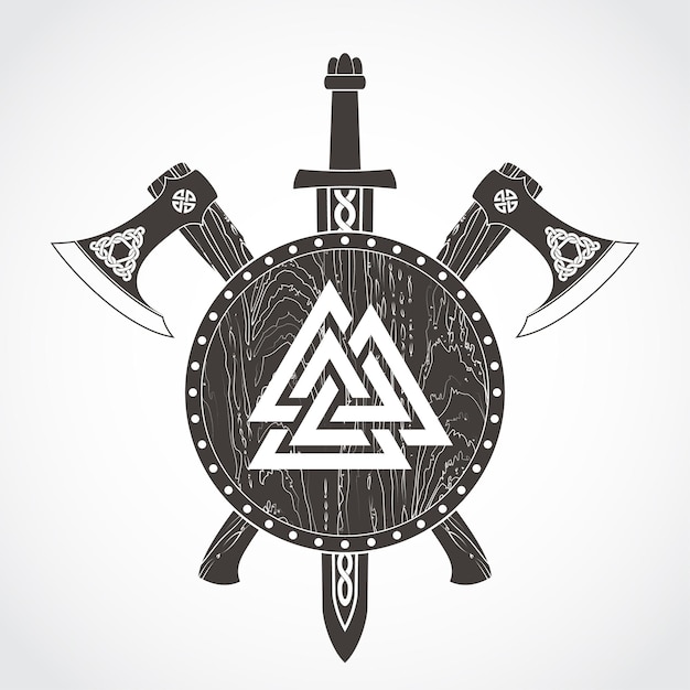 Vector viking arms set shield axe and sword heraldry logo with valknut