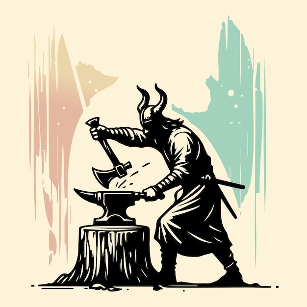 Vector viking blacksmith forging a weapon